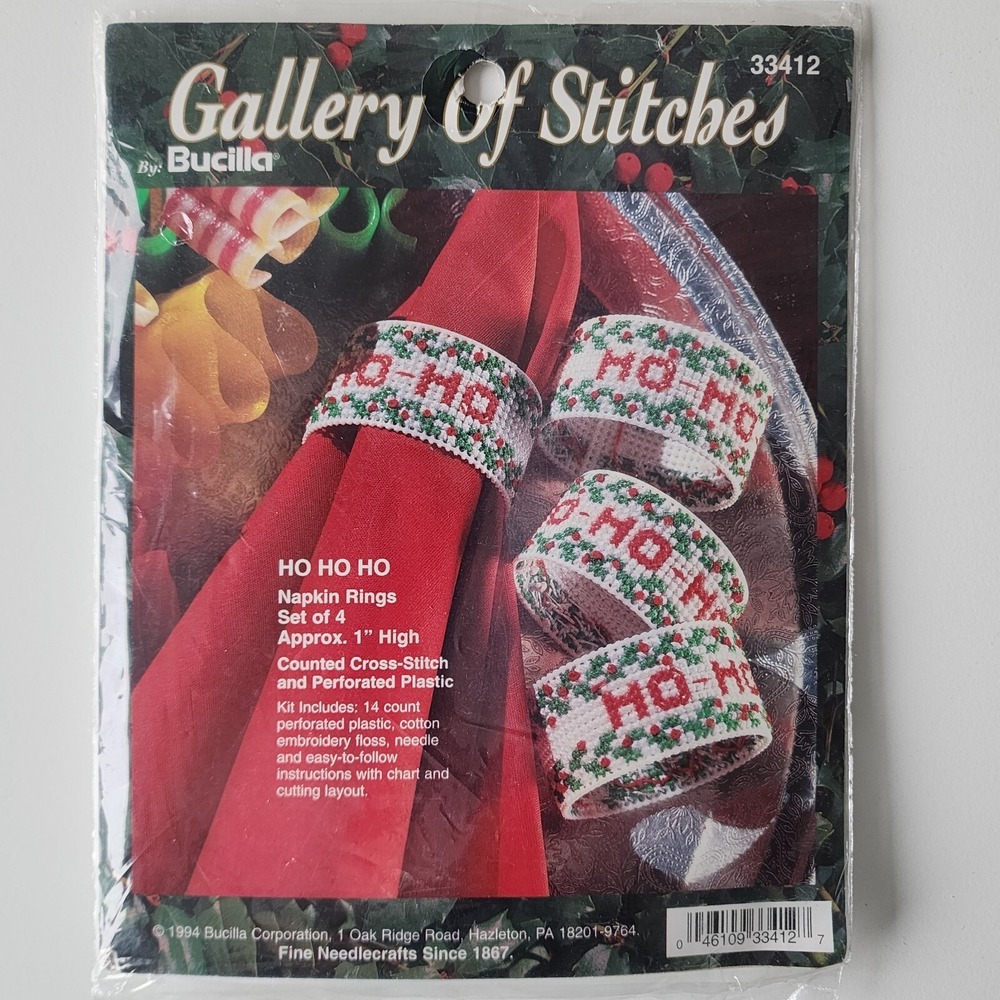 Counted Cross Stitch Kit 33412 Napkin Rings HO HO HO Christmas Red Bucilla Vtg